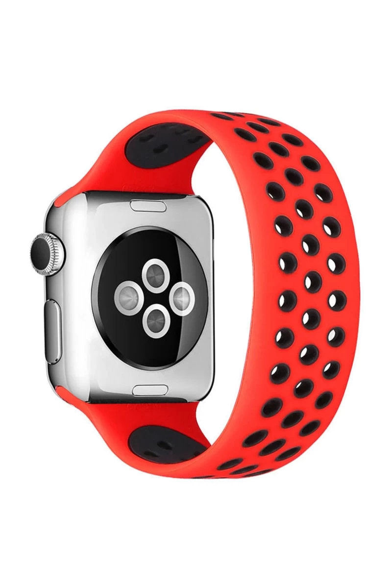 Apple Watch 42mm Uyumlu Ayarlı Delikli Silikon Kordon - Kırmızı-Siyah
