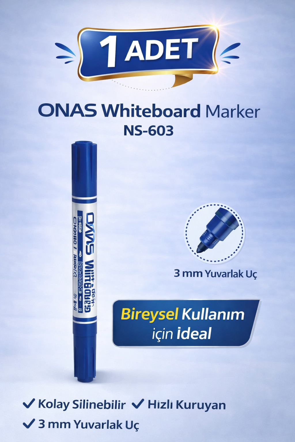 ONAS Whiteboard Marker NS-603 Mavi Tahta Kalemi 3 mm Yuvarlak Uç 1 Adet
