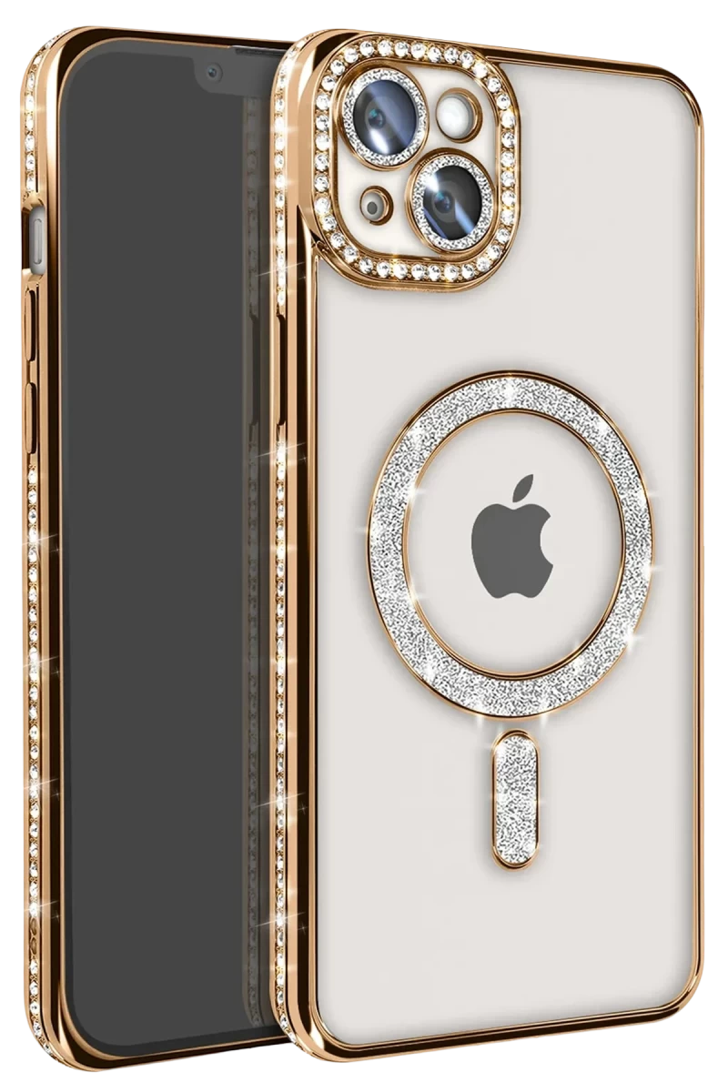 Apple iPhone 15 Uyumlu Kılıf Joke Simli Magneticsafe Kılıf - Gold