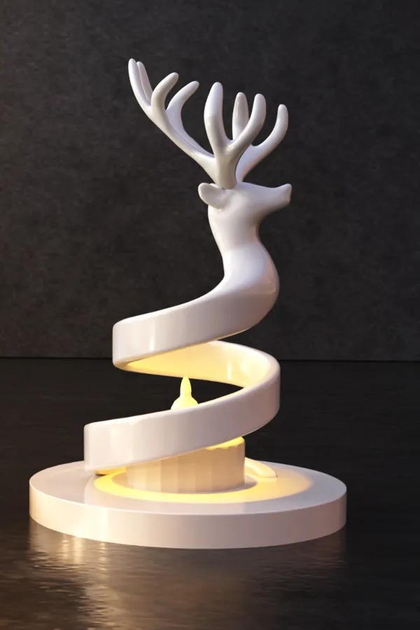 3D Baskı Spiral Ren Geyiği Mumluk Yılbaşı Dekoratif Ren Geyiği Tealight Mum Tutucu - Beyaz