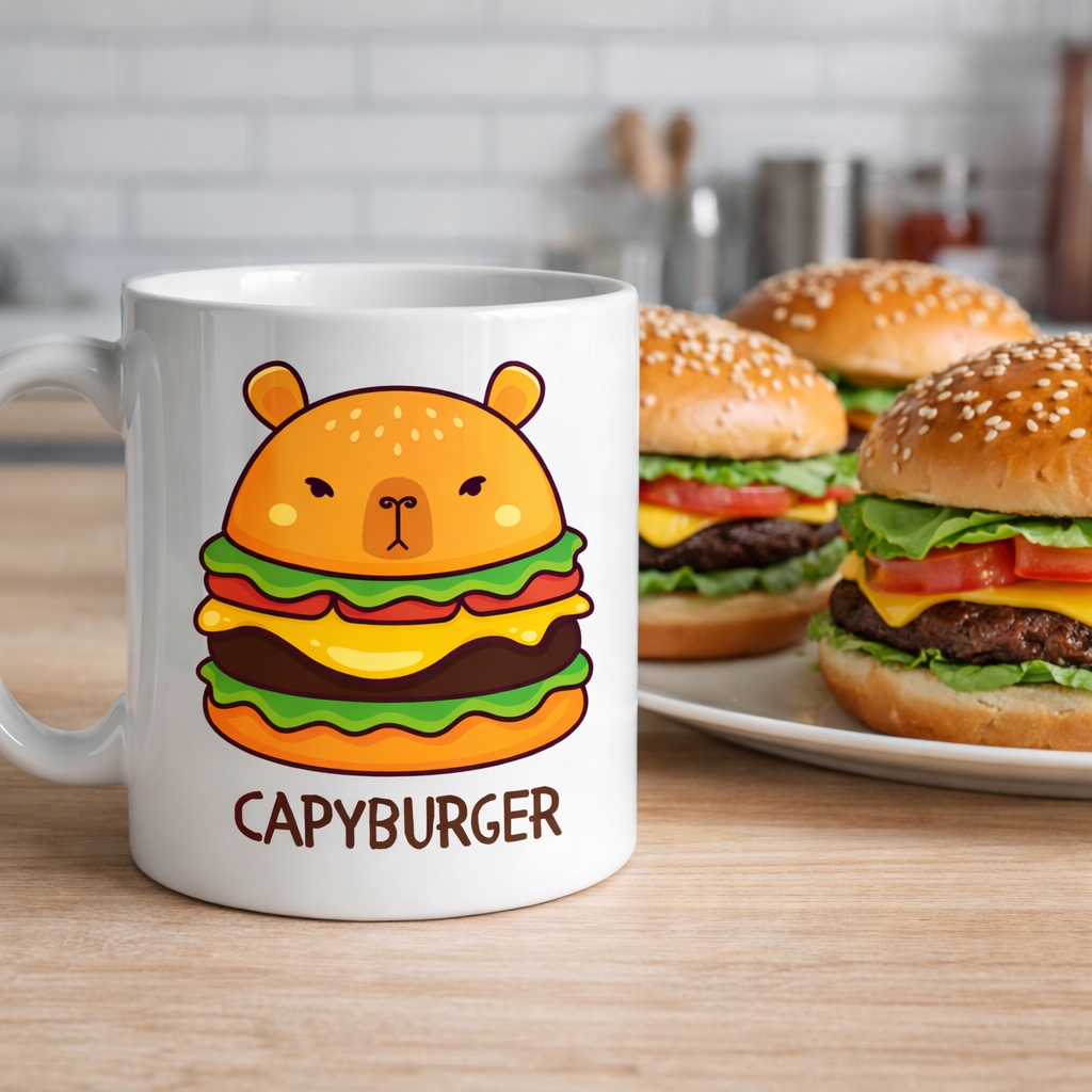 Capyburger Tasarım Kupa Model 230 Sevimli Kapibara Burger Baskılı Seramik Kahve Kupası