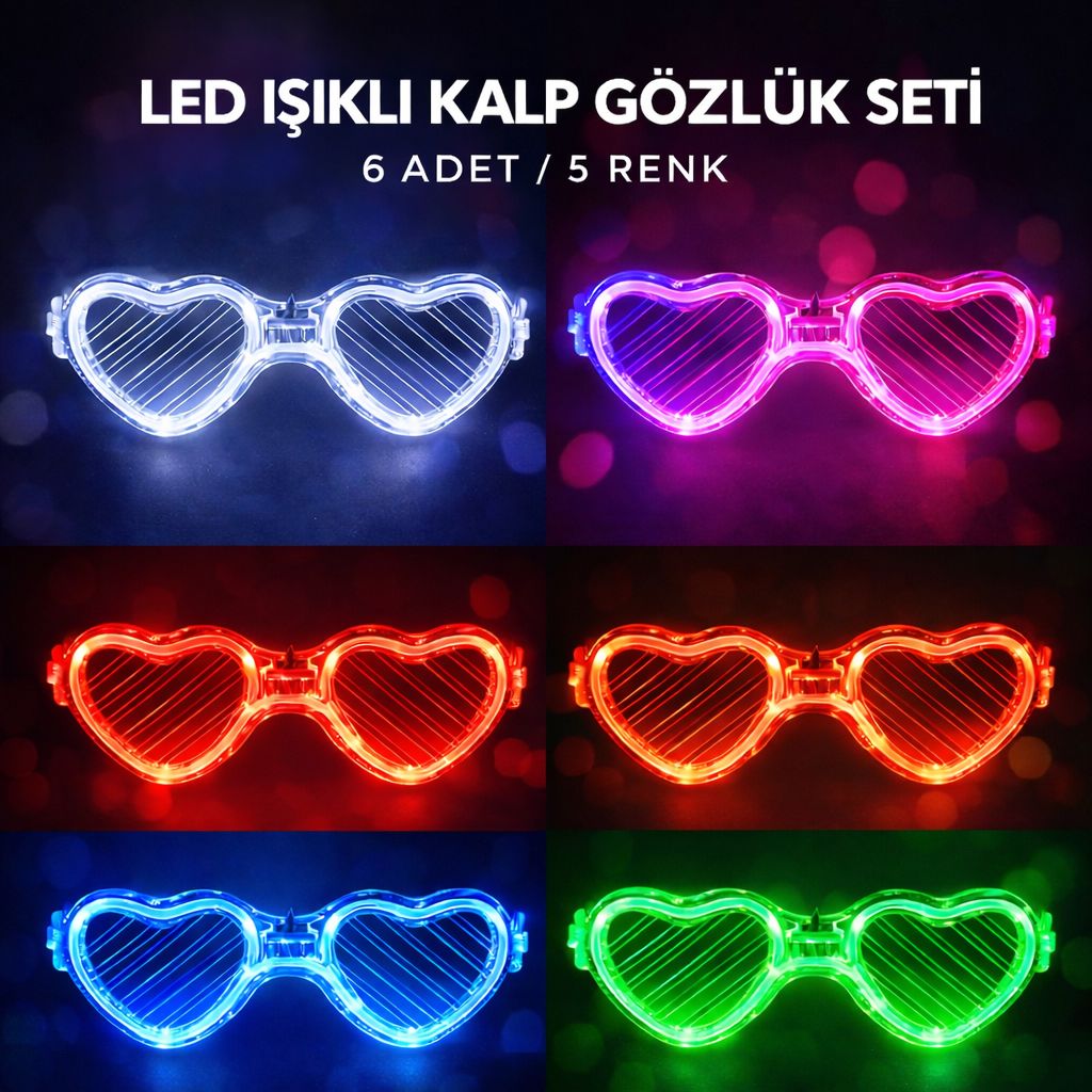 LED Işıklı Kalp Glow Pilli Parti Gözlüğü ? 6 Adet / 5 Renk Set