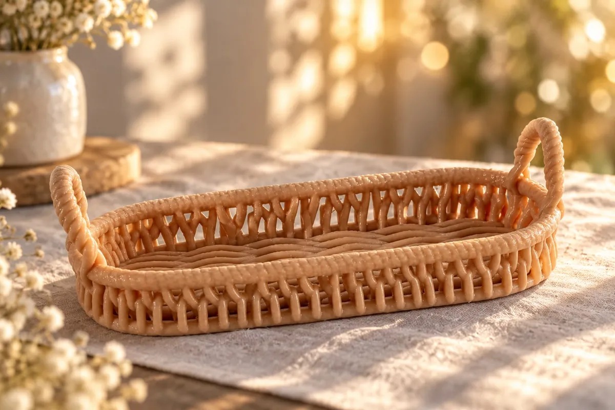 3D Baskı Oval Ratan Görünümlü Dekoratif Tepsi Kulplu Örgü Desenli Sunum Sepeti Bej