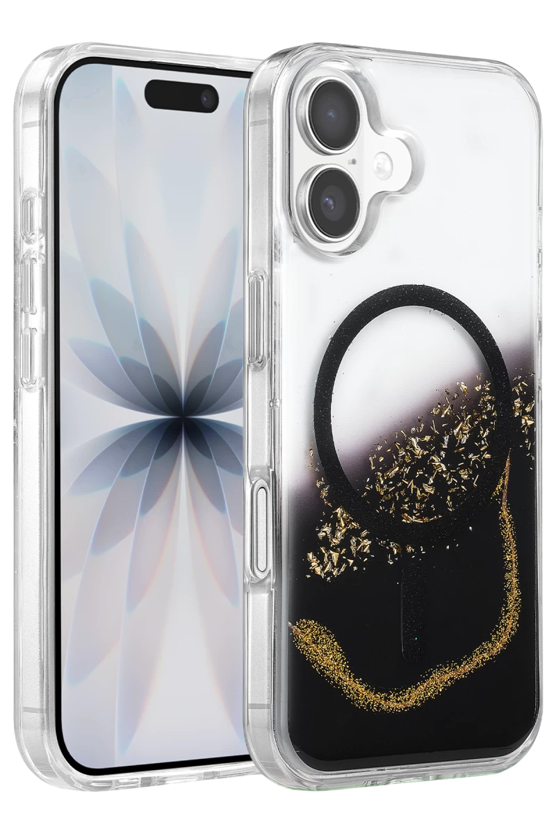 Onegif Apple iPhone 16 Uyumlu Lotus Simli Magsafe Kapak - Siyah