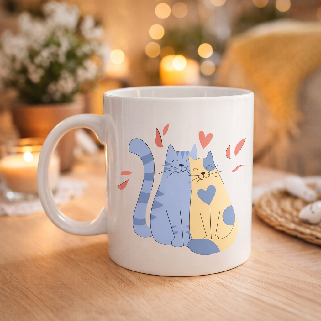 Sevimli Aşık Kediler Desenli Porselen Kupa Model 42 – Love Cats Tasarım Sevgiliye Hediye, Kahve & Çay Kupası