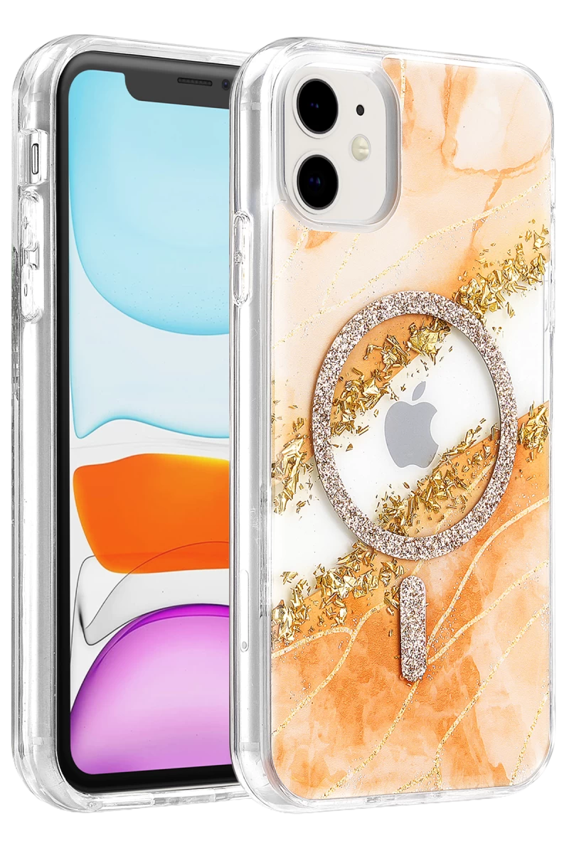 Onegif Apple iPhone 11 Uyumlu Lotus Simli Magsafe Kapak - Turuncu
