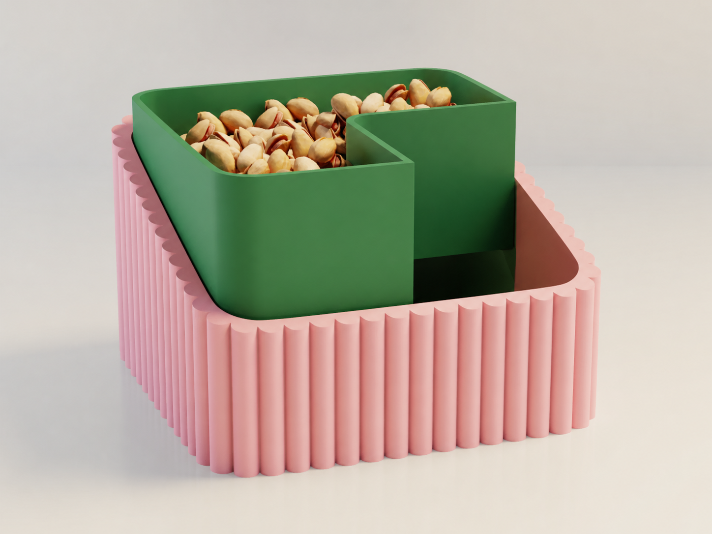 3D Baskı Fıstık Kasesi - Çift Hazneli Kabuk Ayırıcı Sunum Kasesi - Pembe Yeşil