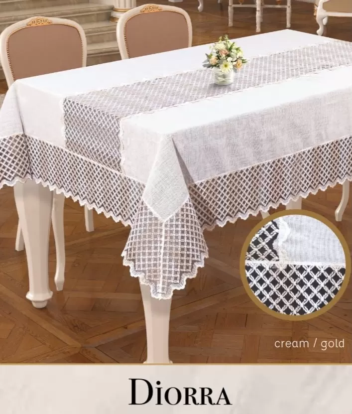 Diorra Model Krem-Gold Keten 160x220 cm Kendinden Runnerli Şık Masa Örtüsü