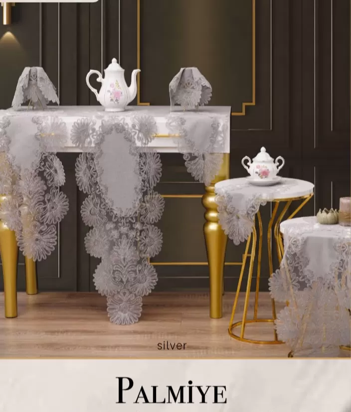 Palmiye Model Gri 7 Parça Keten Masa Örtüsü Runner Seti Şık Salon Takımı