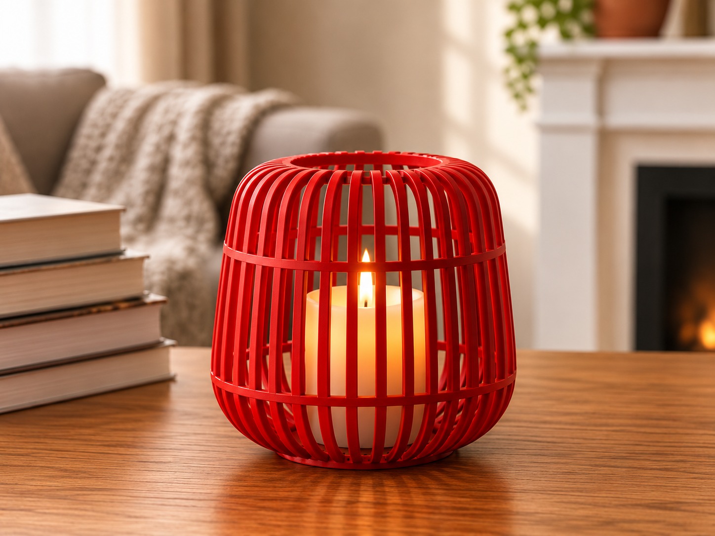 3D Baskı Modern Kafes Tasarımlı Dekoratif Mumluk - Tealight Mumluk, Masaüstü Ev ve Ofis Dekoru-Kırmızı