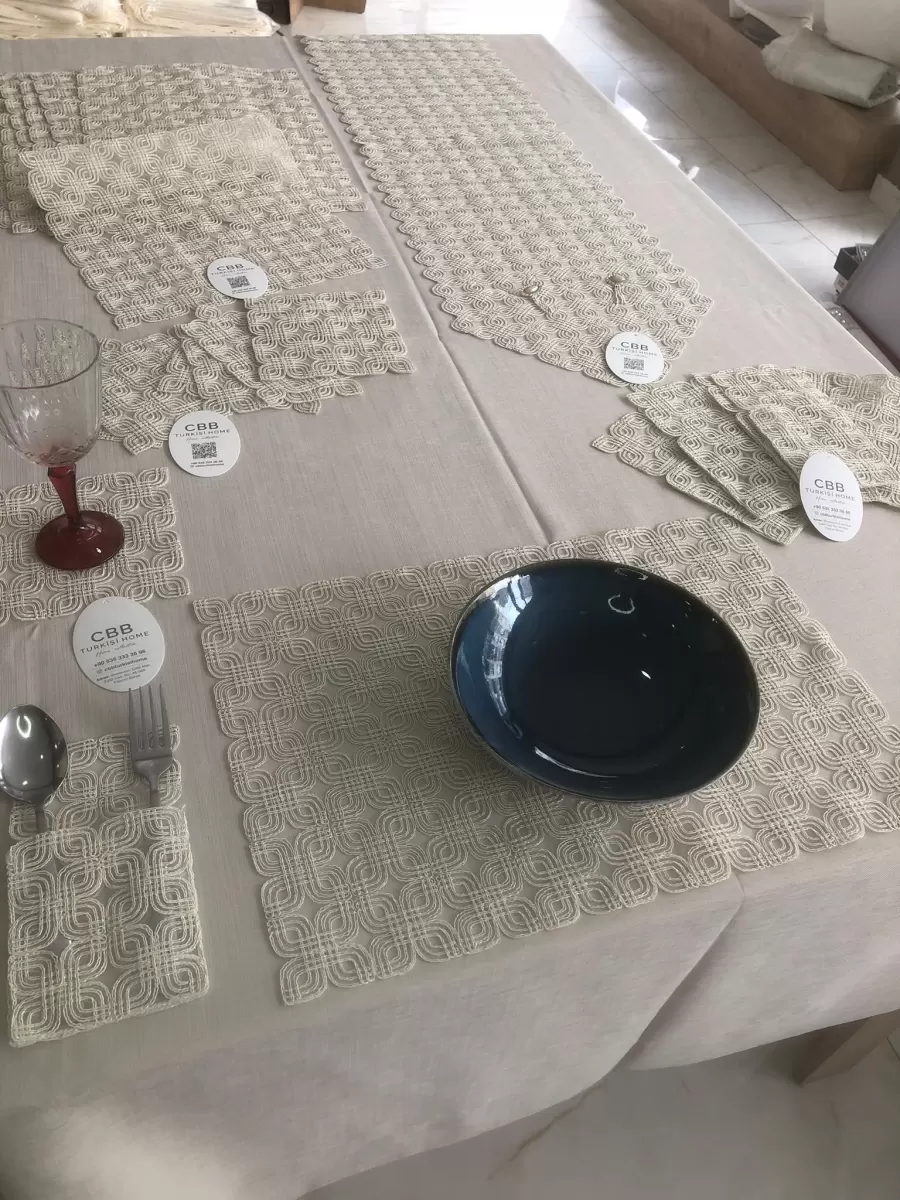 Sofra Takımı Orion Gardenya Keten Yemek Takımı 160x260 Masa Seti 26 Parça Runner Set Kapiçino