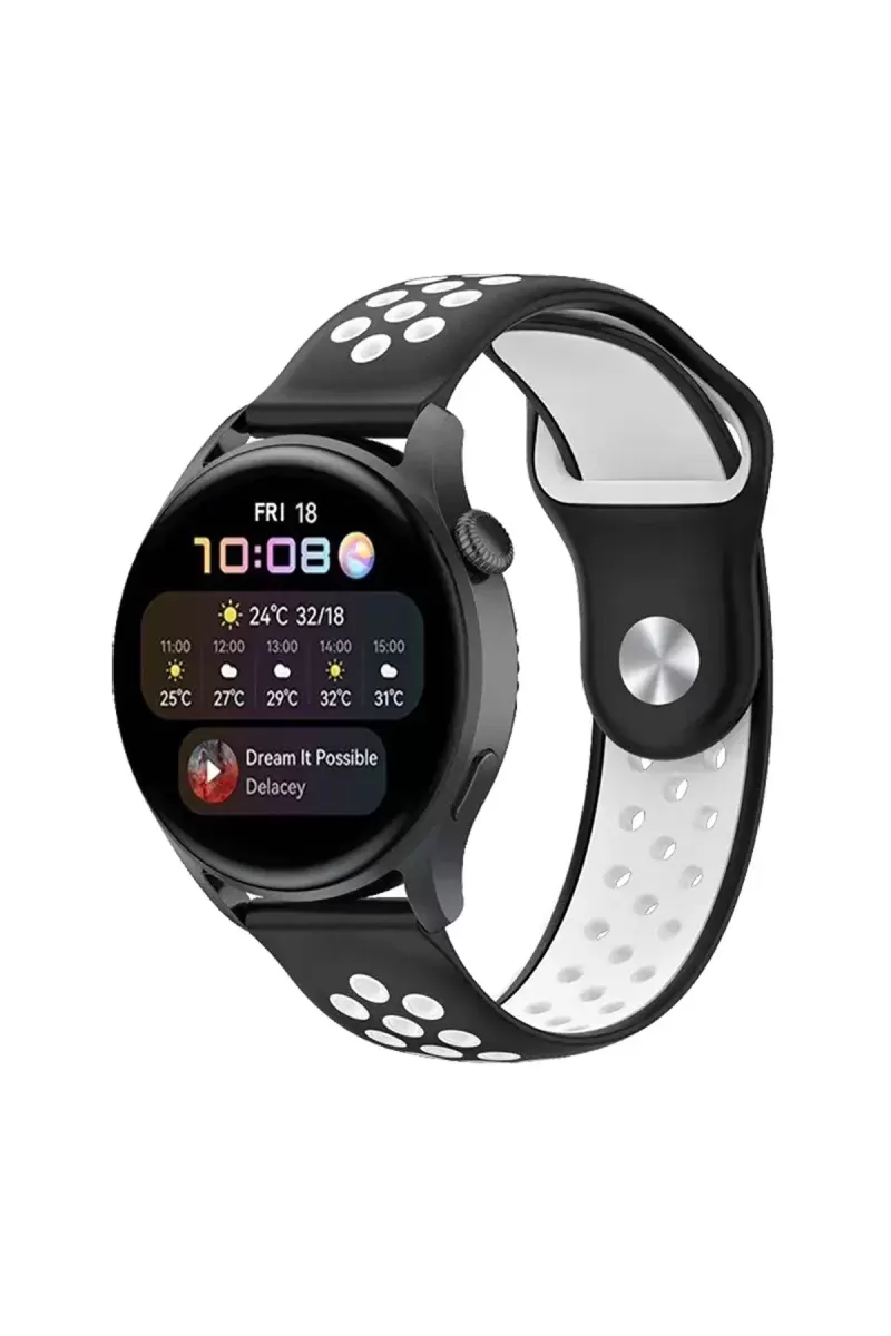 Watch 20mm Uyumlu Spor Delikli Kordon - Siyah-Beyaz