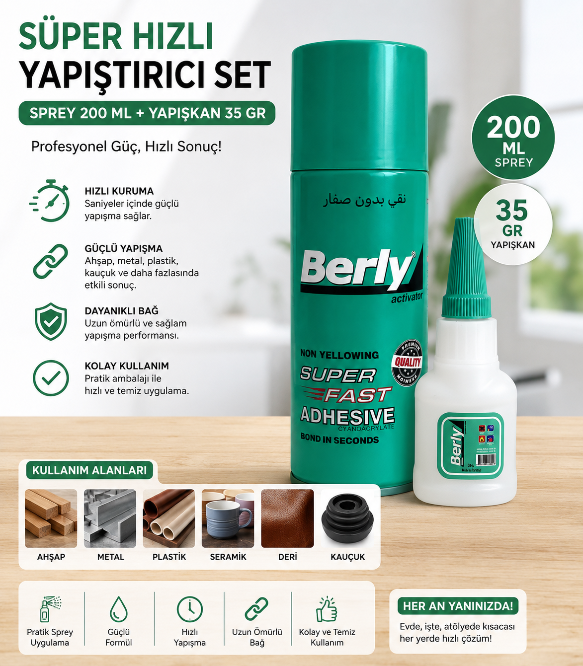 Hızlı Yapıştırıcı Seti 200 ML Sprey Aktivator + 35 Gr Güçlü Japon Yapıştırıcı | Ahşap Metal Plastik Deri Uyumlu