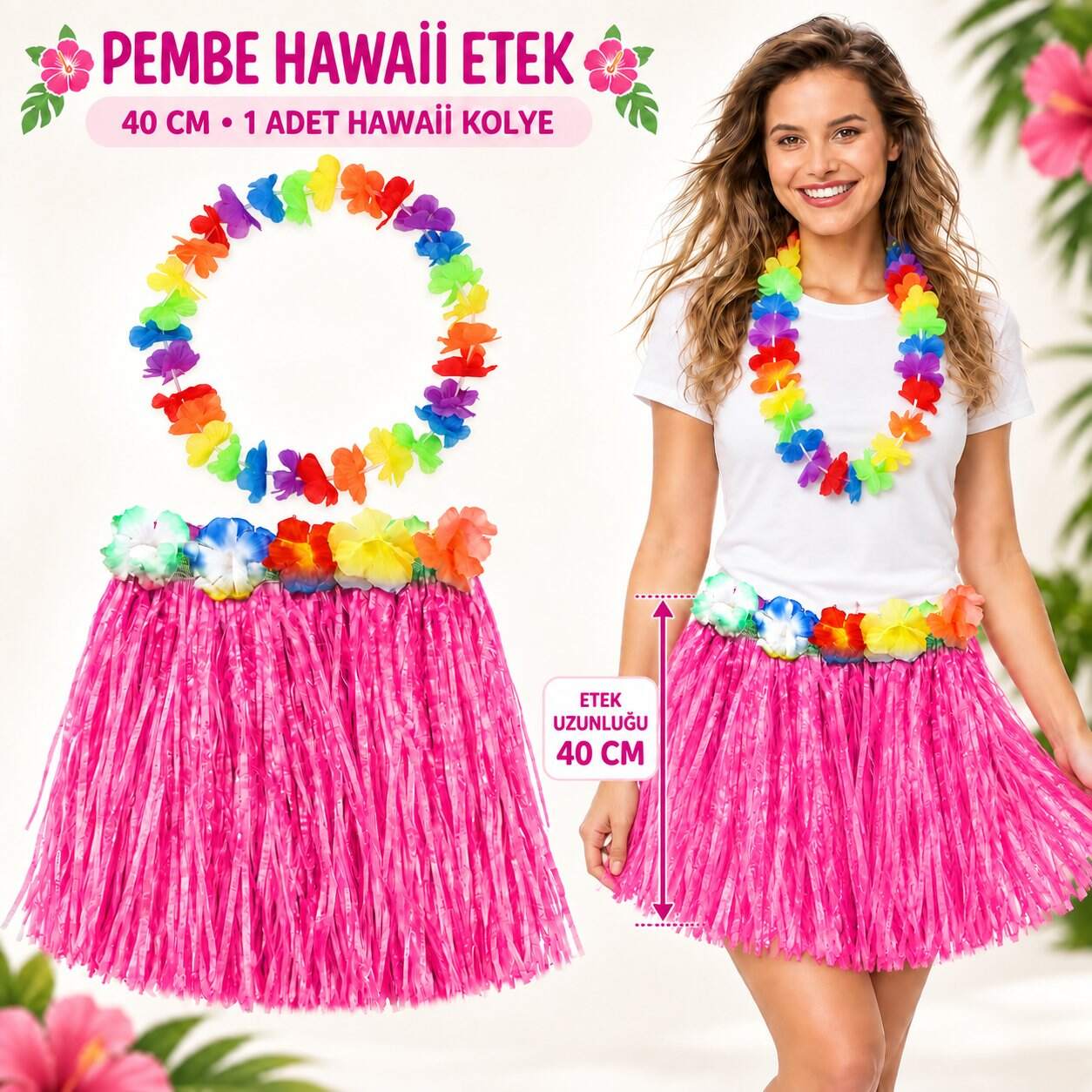 Hawaii Luau Aloha Pembe Püsküllü 40 cm Etek ve Hawaii Kolye Seti