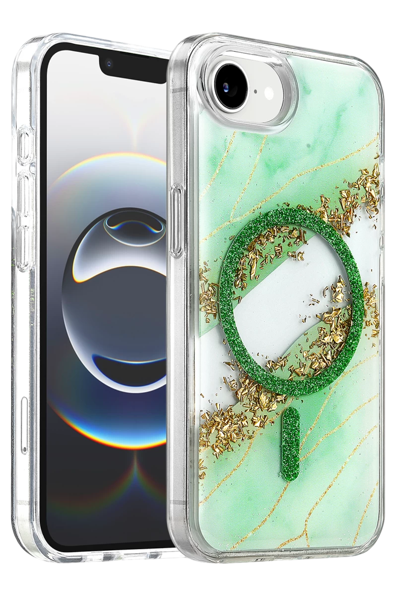 Onegif Apple iPhone 17E Uyumlu Lotus Simli Magsafe Kapak - Yeşil
