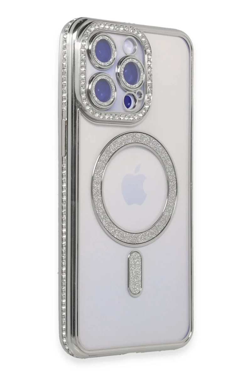 Apple iPhone 15 Pro Uyumlu Kılıf Joke Simli Magneticsafe Kılıf - Gümüş