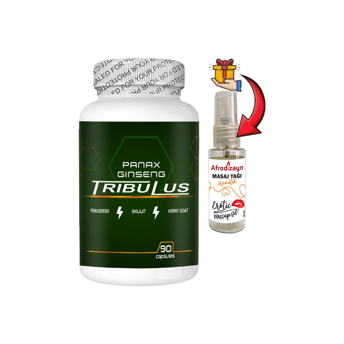 Panax 1 Kutu Panax Ginseng Tribuluslu Fenugreekli Shilajitli Hornygoatlı 90 lı Caps + Afrodizayn Yağ