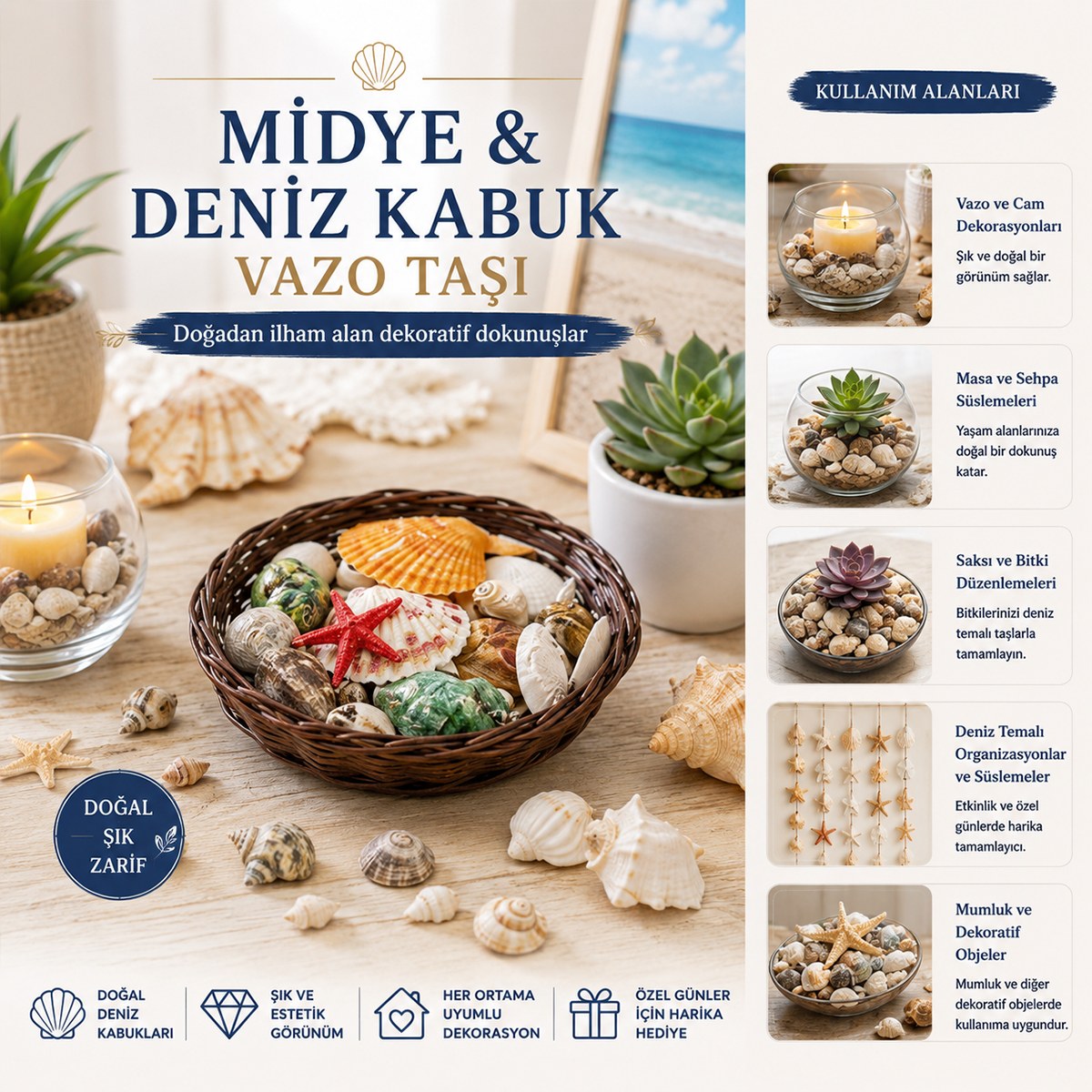 Yuvarlak Ahşap Sepet 54'lü Renkli Midye &amp; Deniz Kabukları - Vazo Taşı Seti