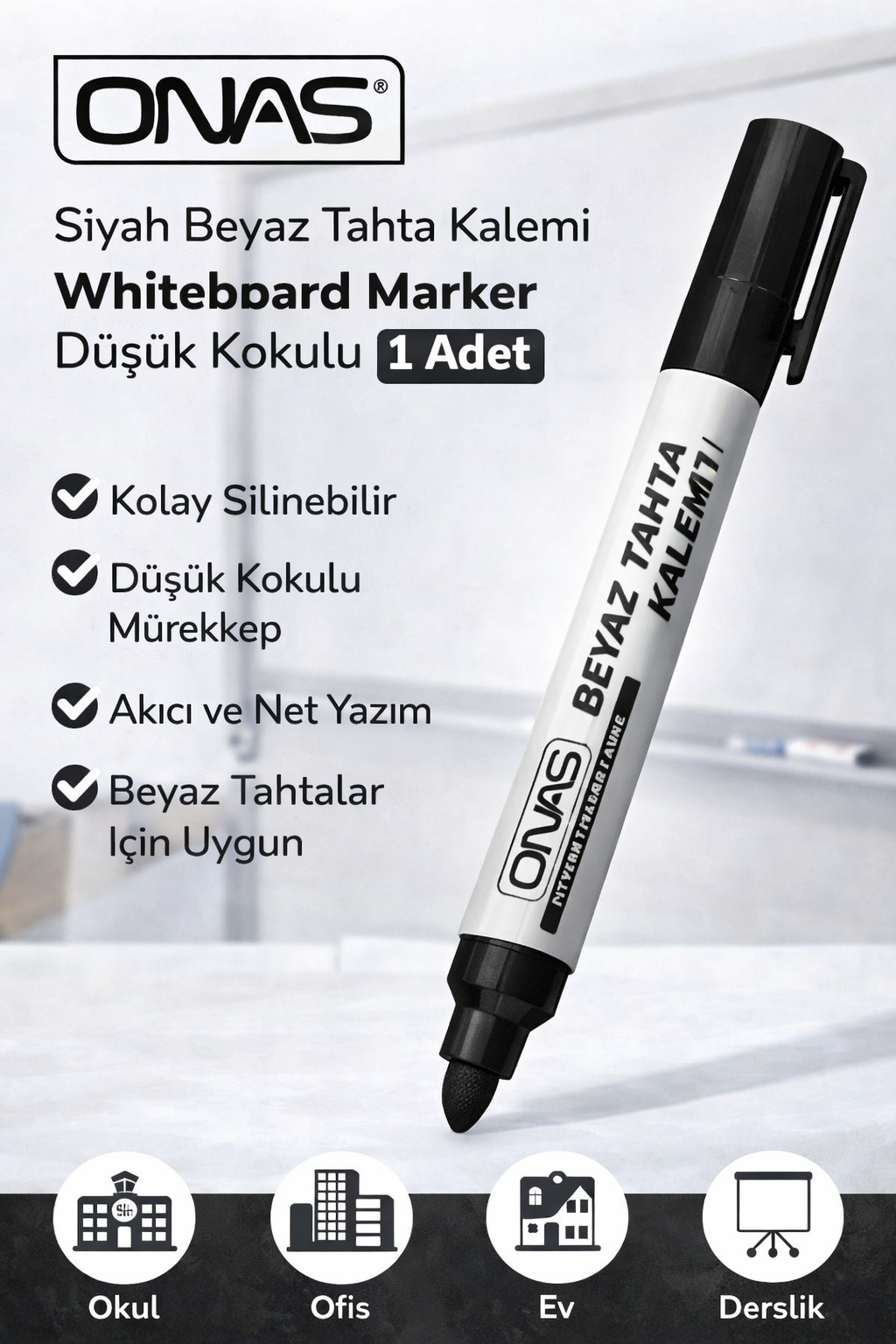 Onas Siyah Beyaz Tahta Kalemi Whiteboard Marker Düşük Kokulu 1 Adet