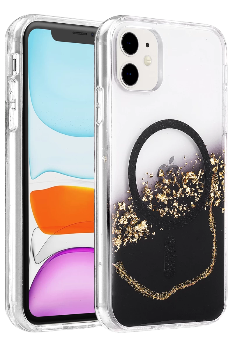 Onegif Apple iPhone 11 Uyumlu Lotus Simli Magsafe Kapak - Siyah