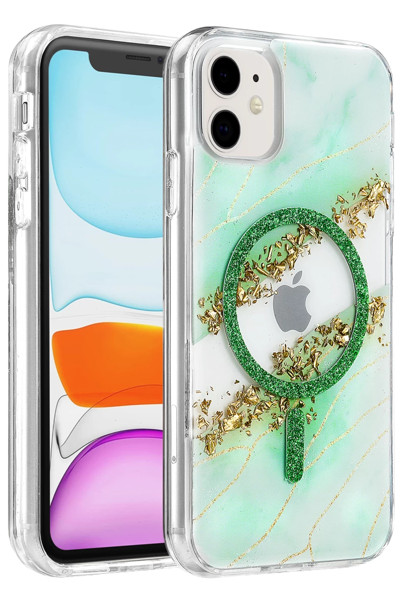 Onegif Apple iPhone 11 Uyumlu Lotus Simli Magsafe Kapak - Yeşil