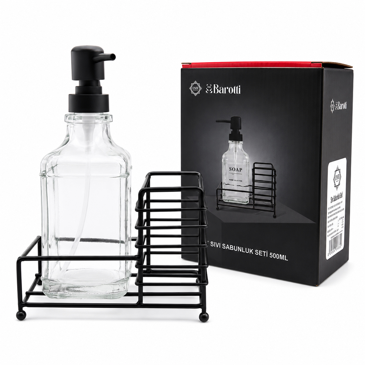 Cam Sıvı Sabunluk 500 ml Siyah Metal Stand ve Pompa