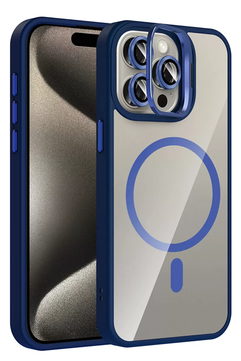 Joko Apple iPhone 15 Pro Max Uyumlu Remim Lensli Magsafe Standlı Kapak - Lacivert