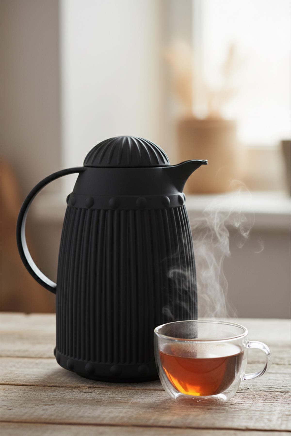 1 LT Isı Yalıtımlı Çay ve Soğuk Su Termosu Siyah (12 Saat Sıcak Tutar &amp; İçi Camdır)