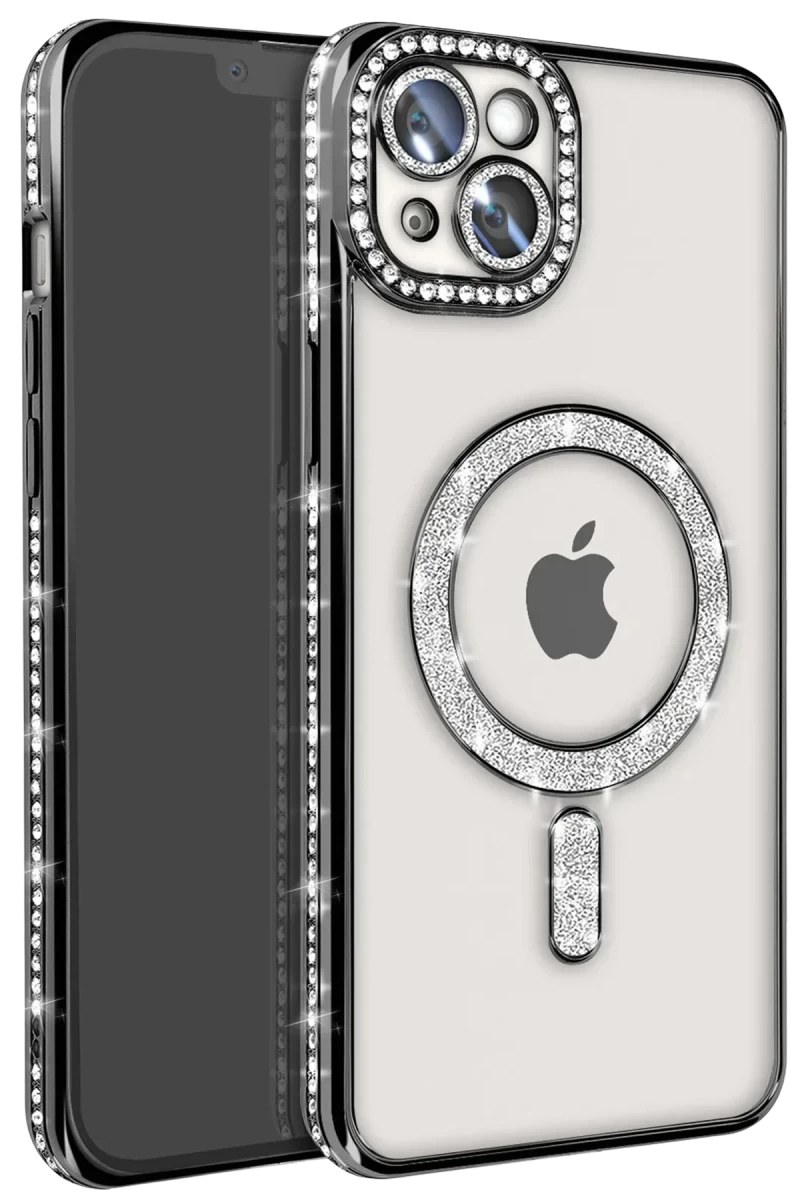 Apple iPhone 15 Uyumlu Kılıf Joke Simli Magneticsafe Kılıf - Siyah
