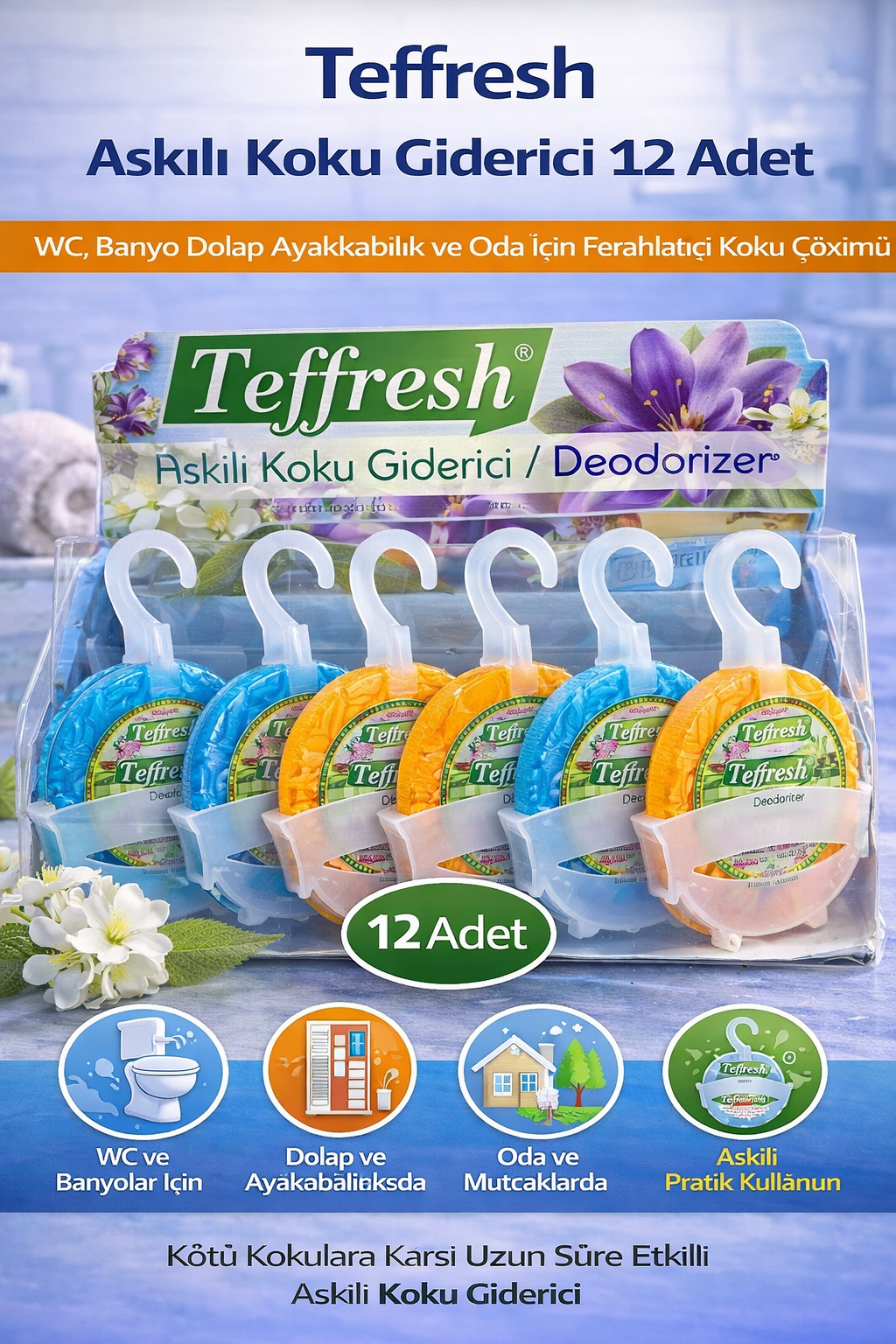 Teffresh Askılı Koku Giderici 12 Adet WC Banyo Dolap Ayakkabılık ve Oda İçin Askılı Ortam Koku Giderici