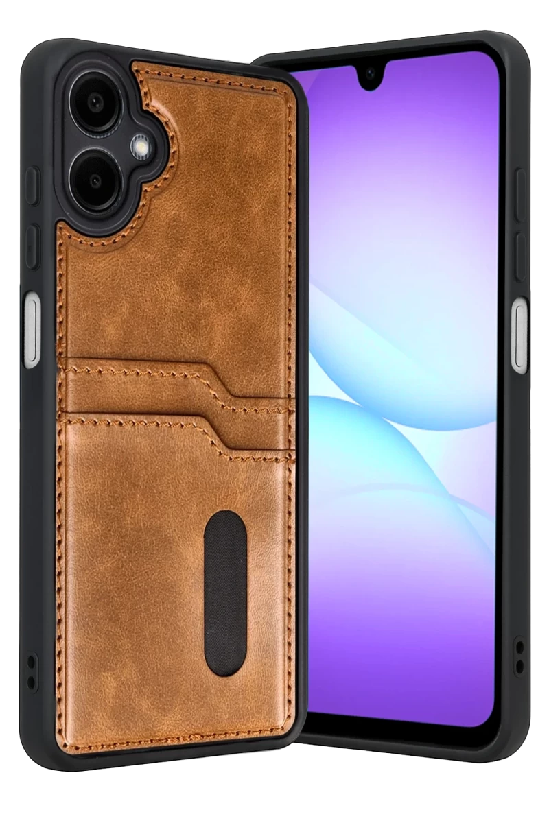 Samsung Galaxy A07 4G Uyumlu Sara Kartvizitli Deri Kılıf - Taba
