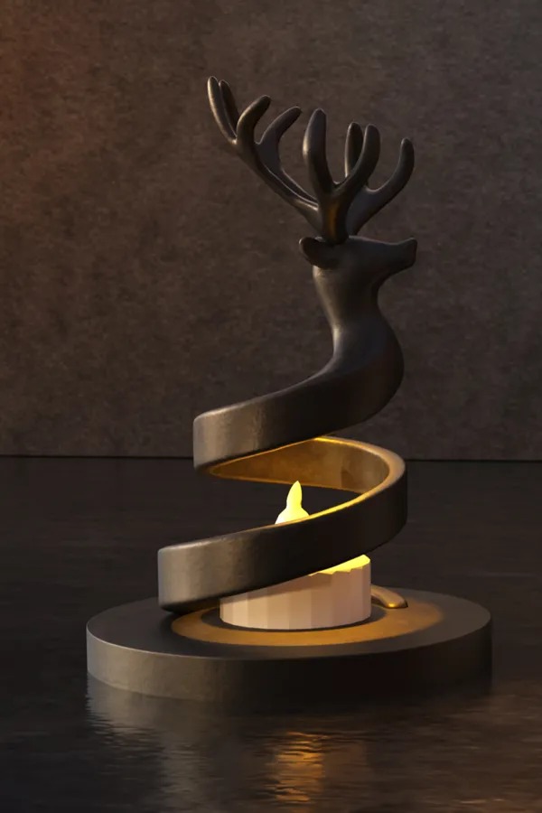 3D Baskı Spiral Ren Geyiği Mumluk Yılbaşı Dekoratif Ren Geyiği Tealight Mum Tutucu - Siyah