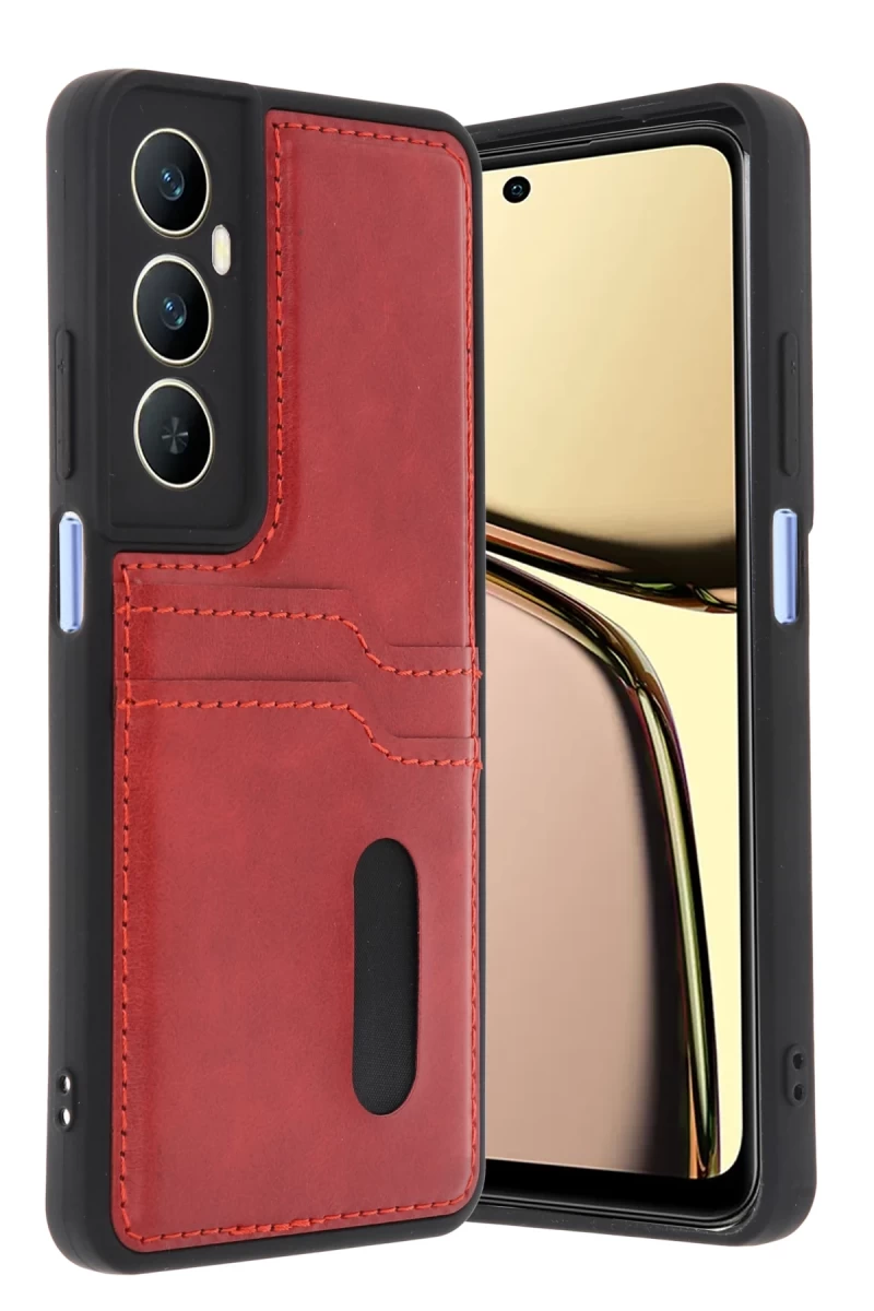 Realme C65 Uyumlu Sara Kartvizitli Deri Kılıf - Kırmızı