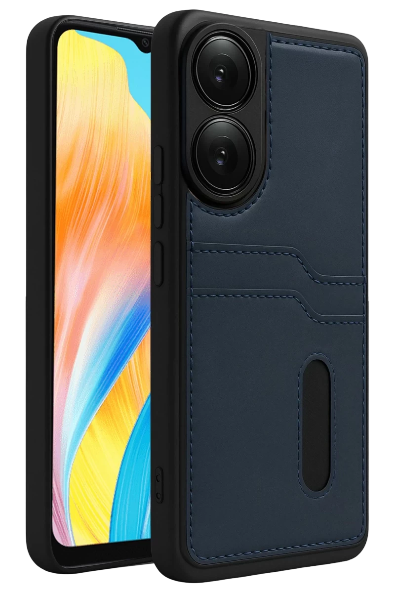 Oppo A38 Uyumlu Sara Kartvizitli Deri Kılıf - Lacivert