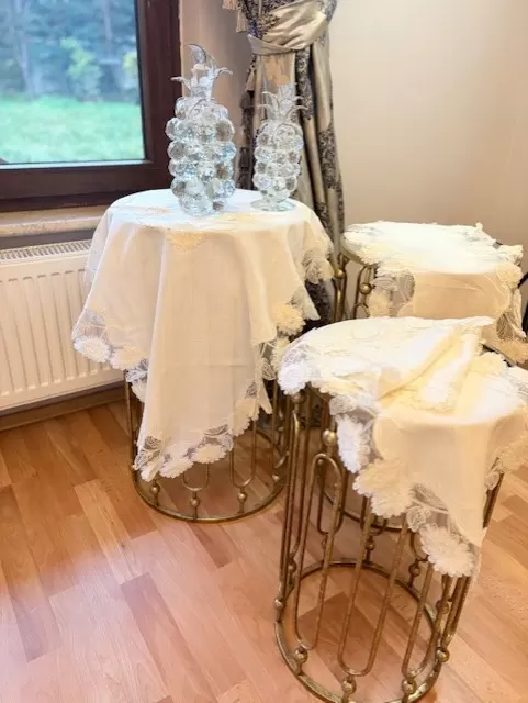 Krem Çeyizlik Flowers Model 5 Parça Keten Dantelli Salon Takımı Runner Seti