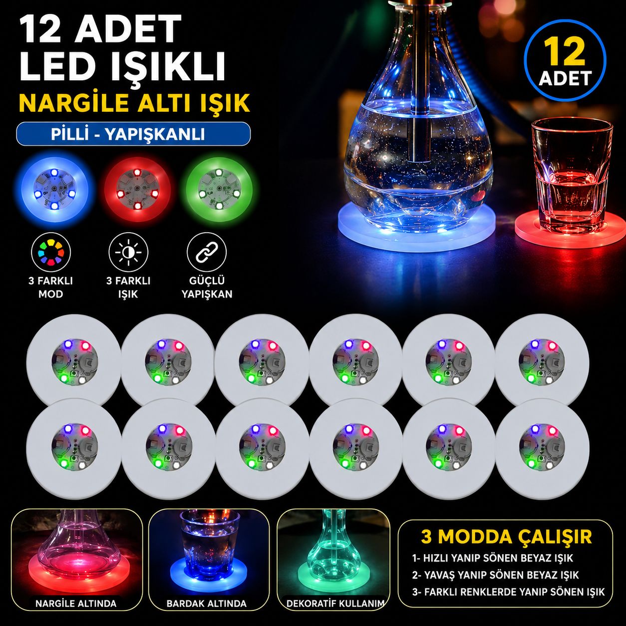RGB LED Nargile Altı Işık 12?li Set