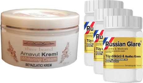 Three Brand Whitening Cream 100 ml Arnavut Kremi Aklık Kremi  + Russıan Glare Tüy Dökücü Azaltıcı Merhem 50 ml 3 Adet