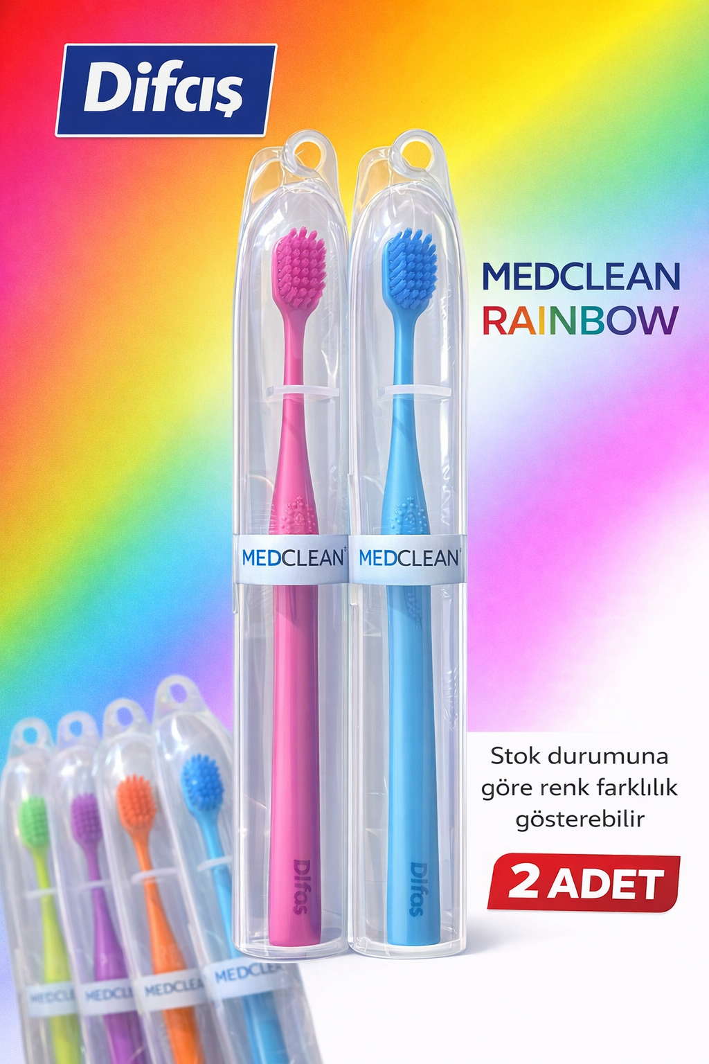 Difaş Medclean Rainbow Diş Fırçası 2 Adet Orta Sert Renkli Yetişkin Diş Fırçası Seti