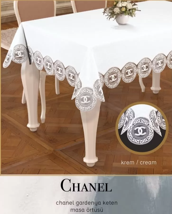 Gardenya Keten Chanel Model Krem-Krem 160x220 cm Dantelli Şık Yemek Örtüsü