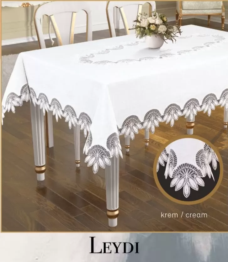 Gardenya Keten Masa Örtüsü 160x220 cm Yemek Masası Örtüsü Leydi Model Krem