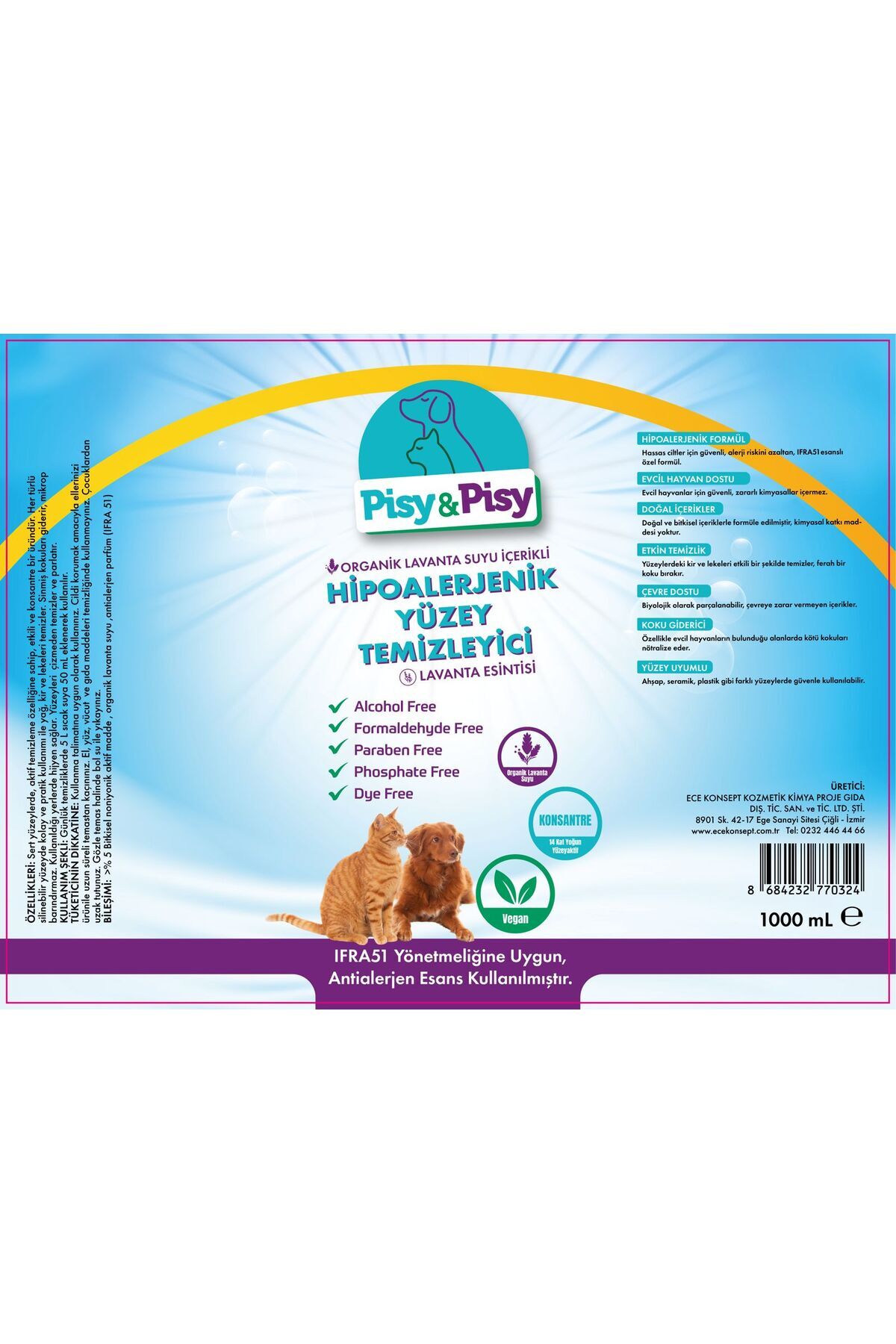 PISY &amp; PISY ANTİALERJEN LAVANTA ÖZLÜ KONSANTRE HİPOALERJENİK YÜZEY TEMİZLEYİCİ 1 L