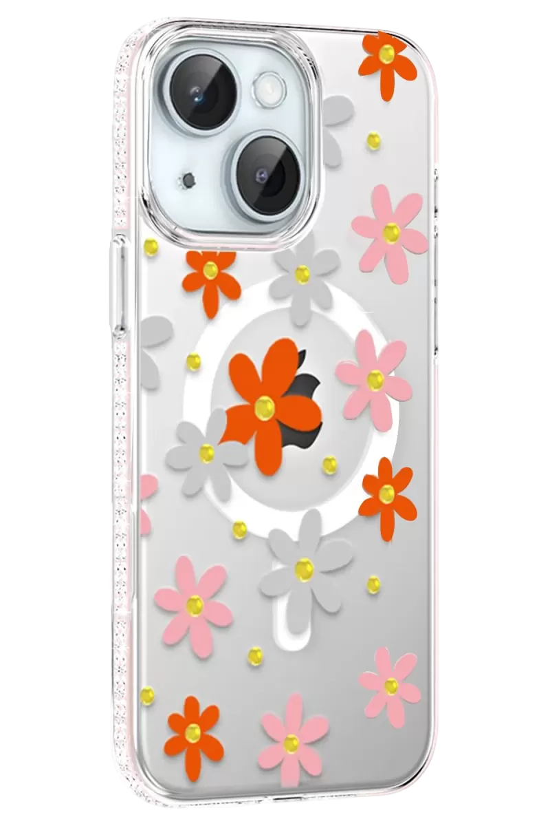 Joko Apple iPhone 14 Uyumlu Floral Magsafe Kapak - Turuncu
