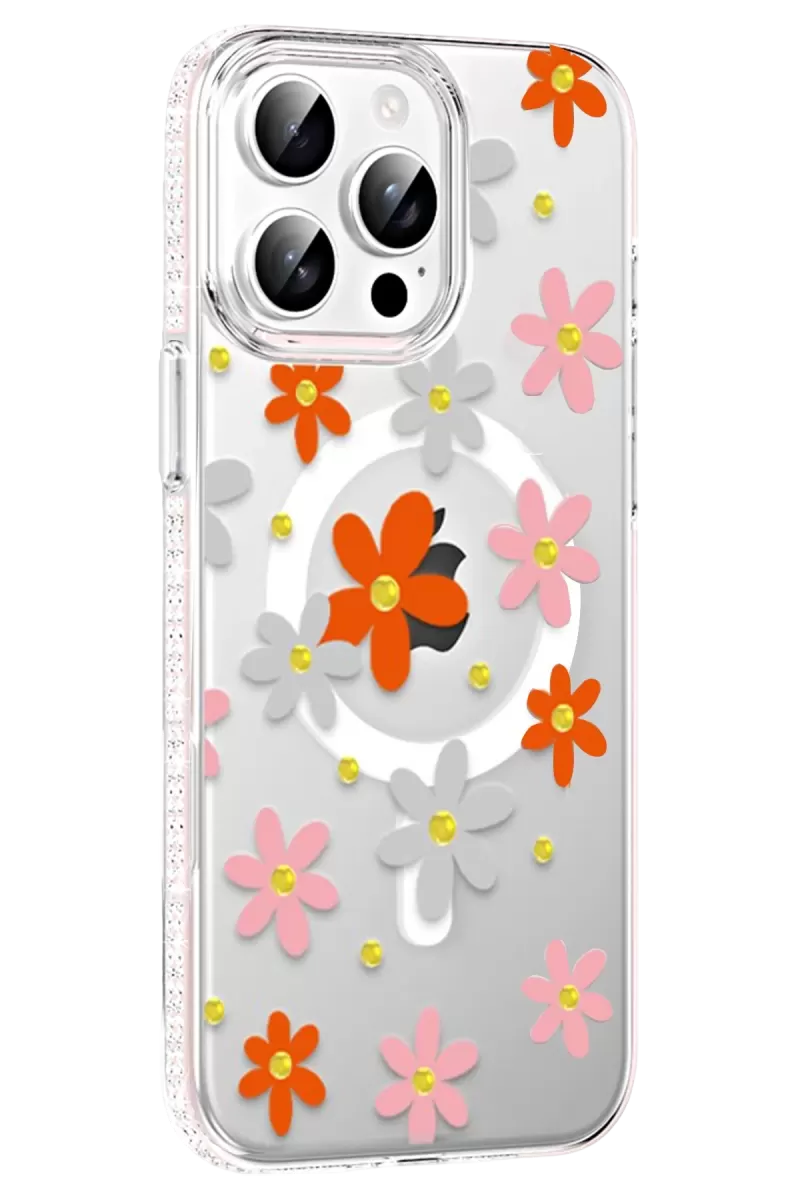 Joko Apple iPhone 14 Pro Max Uyumlu Floral Magsafe Kapak - Turuncu