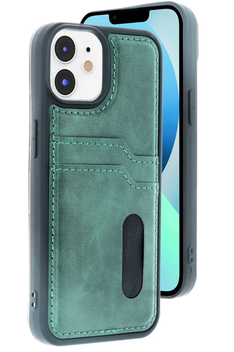 Apple iPhone 11 Uyumlu Kılıf Sara Kartvizitli Deri Kılıf - Koyu Yeşil