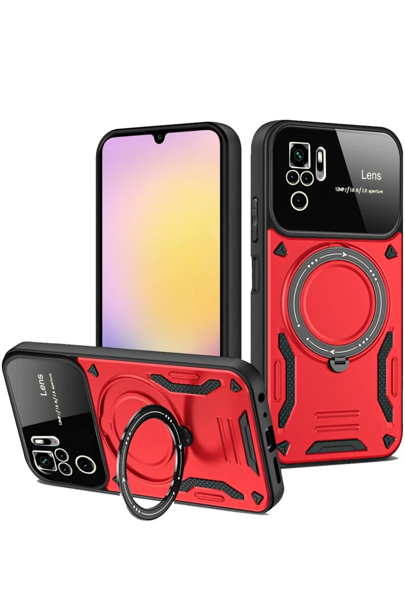 Xiaomi Redmi Note 10S Uyumlu Kılıf Joy Lens Standlı Kapak - Kırmızı
