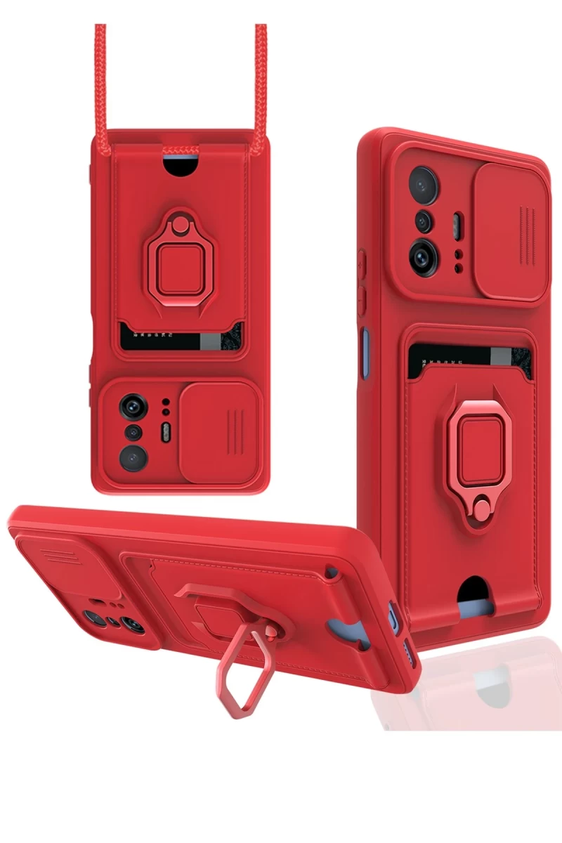 Xiaomi Mi 11T Pro Uyumlu Kılıf Zuma Kartvizitli Yüzüklü Silikon - Kırmızı