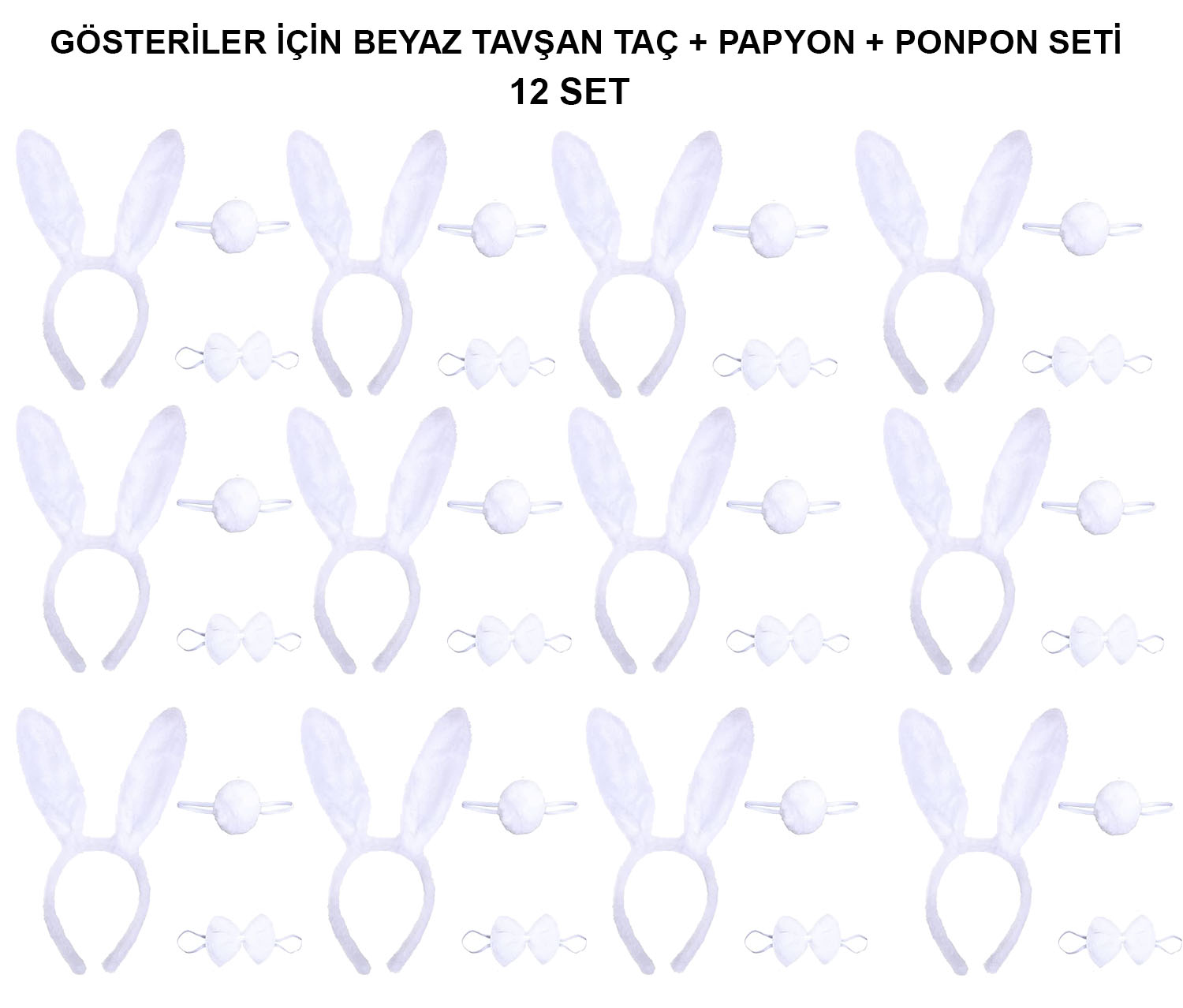 Beyaz Tavşan Kostüm Seti – Taç, Papyon, Kuyruk (12’li Paket)