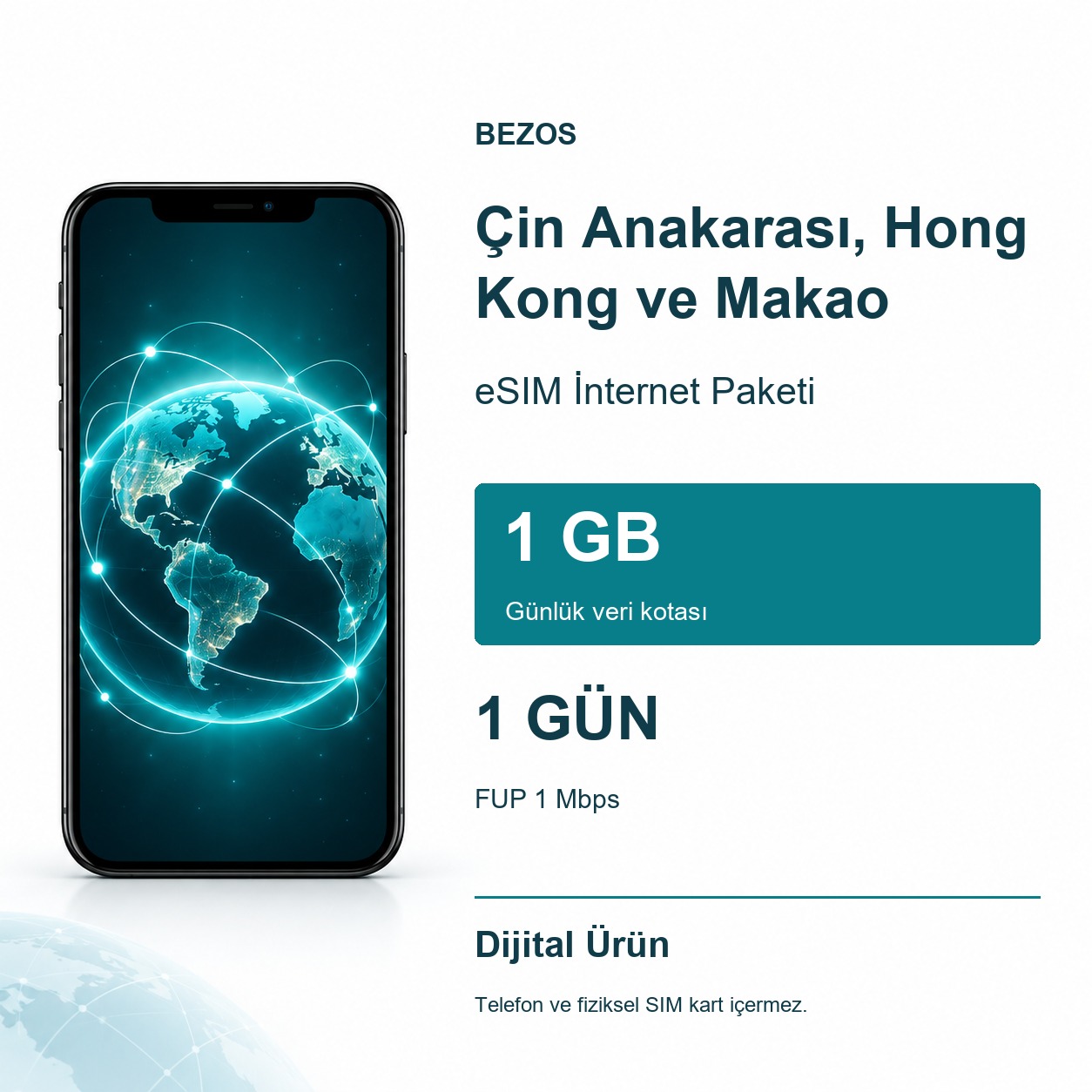 Çin Anakarası, Hong Kong ve Makao eSIM İnternet Paketi Günlük 1 GB 1 Gün - FUP 1 Mbps