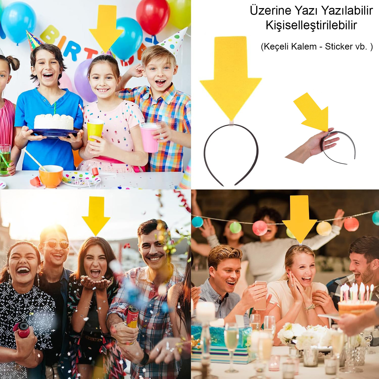 Kişiselleştirilebilir Ok Taç ? Üzerine Yazı Yazılabilen Parti Tacı Sarı Renk