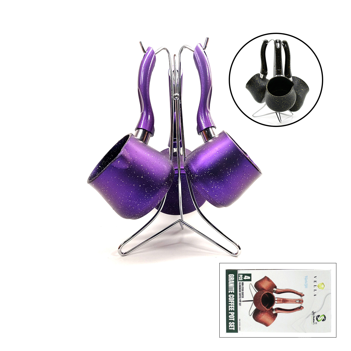 Granit Çelik Cezve Seti 4'lü (230/280/380 ml) Metal Standlı